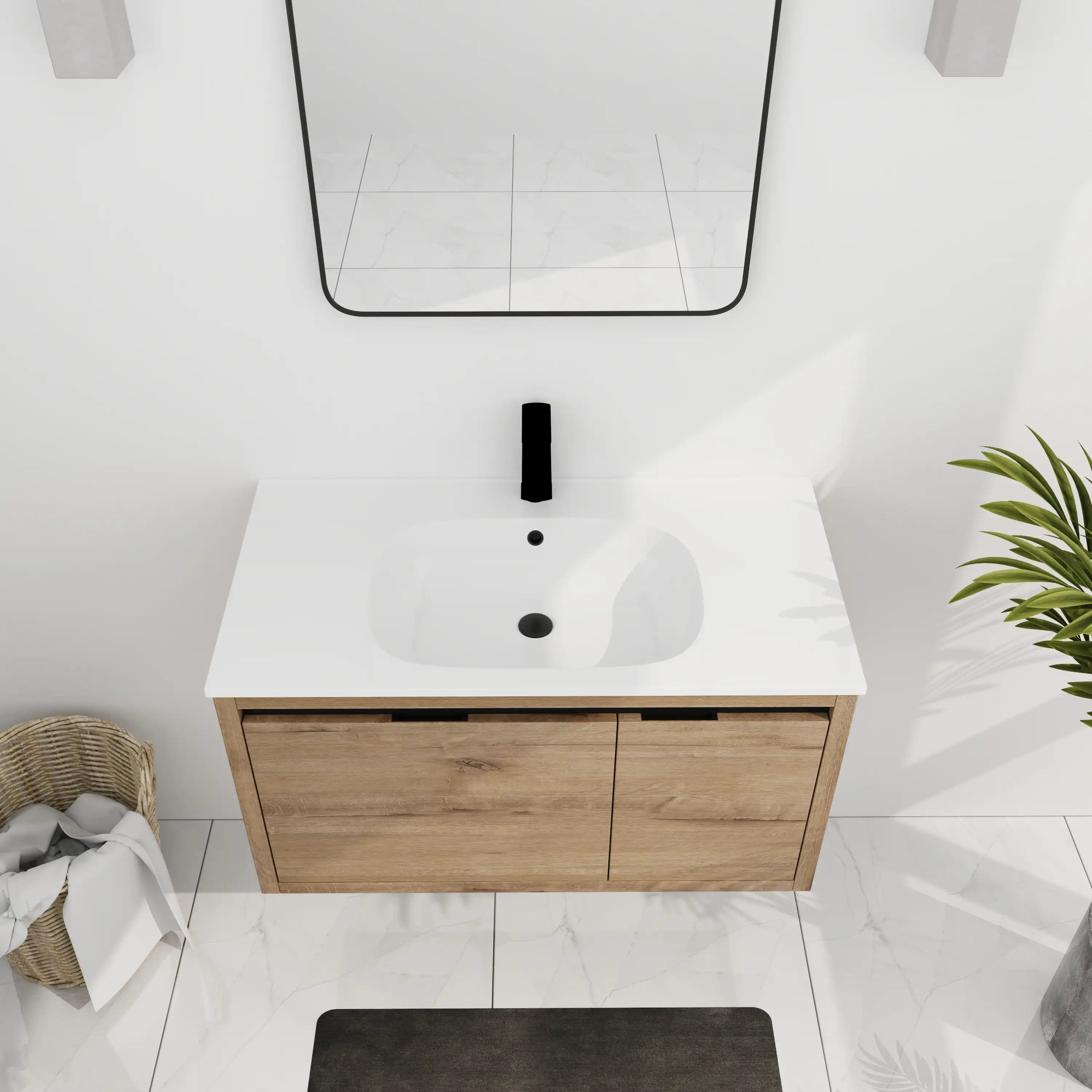 36 Imitative Oak Inch Wall-Mounted Bathroom Vanity with Gel Sink – Modern & Space-Saving Design