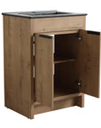 Open storage view of 24" black bathroom sink vanity with adjustable interior shelf and oak cabinet | Ace Decor