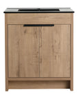 30 inch bathroom vanity with sink, freestanding imitative oak cabinet with black integrated sink front view, 30" | Ace Decor
