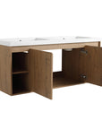 48 inch bathroom vanity wall mounted with doors open, showing interior storage and side shelves | Ace Decor