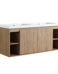 Front view of 48 inch bathroom vanity wall mounted with side open shelves and double doors | Ace Decor
