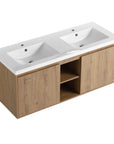 Wall mounted bathroom vanity with sink 48 inch featuring double integrated sinks and center open shelf storage | Ace Decor