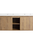 48 inch wall mounted bathroom vanity with sink featuring center open shelf and dual integrated sinks, front view | Ace Decor