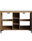 Front view of a 48 inch vanity for bathroom with cabinet doors open, showing organized interior storage and center shelves | Ace Decor