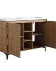Angled view of a 48 inch vanity for bathroom highlighting center open storage shelves and spacious side cabinets | Ace Decor