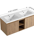 48 inch wall mounted bathroom vanity with sink showing detailed dimensions and dual integrated resin sinks | Ace Decor
