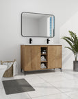 48 inch vanity for bathroom shown in a modern bathroom setting with natural wood finish and clean white countertop | Ace Decor