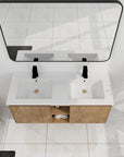 48 inch wall mounted bathroom vanity with sink top view highlighting double sinks and compact center open storage | Ace Decor