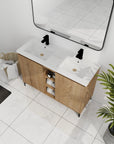 Angled top view of a 48 inch vanity for bathroom featuring dual sinks and accessible center open shelving | Ace Decor