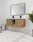 48 inch wall mounted bathroom vanity with sink installed in modern bathroom with center open storage and clean floating look | Ace Decor