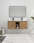 48 inch wall mounted bathroom vanity with sink installed in modern bathroom with mirror and open center storage | Ace Decor
