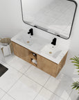 48 inch wall mounted bathroom vanity with sink featuring double integrated resin sinks and center open shelf in natural wood finish | Ace Decor