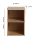 Dimension diagram of light wood 12 inch wall-mounted open storage cabinet with width, height and depth measurements.