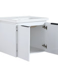 24 inch wall mounted vanity with open cabinet doors showing spacious interior storage | Ace Decor