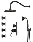 Side view of the Avelar 9" matte black rain shower set with 4 body jets and hand shower.