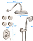Avelar shower system dimensions: 9" overhead shower, 15.35" arm, 4x 1.96" body jets, 7.87" valve, and 8.26" height hand shower.