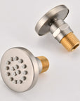 Avelar brushed nickel shower body jets with silicone nozzles for high-pressure spray.