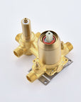 Solid brass shower valve with integrated diverter for temperature and flow control.