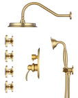 Side view of the Avelar 9" brushed gold rain shower set with body jets and hand shower.