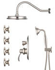 Side view of the Avelar 9" brushed nickel rain shower set with 4 body jets and handheld shower head.