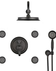Front view of the Avelar rain shower system with 4 body jets and hand shower in matte black finish.