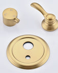 Avelar 9" rain shower set's brushed gold valve trim, control handle and switch knob.