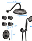 Dimension diagram of the Avelar 9" rain shower set with 4 body jets and handheld shower head.