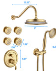Size chart of the Avelar brushed gold rain shower system.