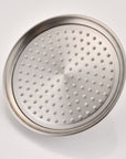 Avelar 9-inch brushed nickel rain shower head with soft rubber spray holes for easy cleaning.