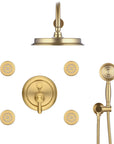 Front view of the Avelar 9" brushed gold rain shower set with 4 body jets and hand shower.