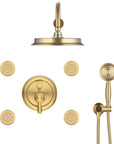 Front view of the Avelar 9" brushed gold rain shower set with 4 body jets and hand shower.