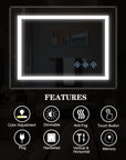 Optera bathroom mirror listing 8 features: LED lighting, anti-fog, dimming, touch button and more.