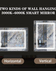 Optera smart mirror showing horizontal and vertical wall mounting options.