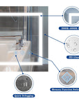 Optera bathroom mirror close-up showcasing its key features: HD anti-reflective glass, quick defog function, 3000K-6000K LED lighting, and memory switch.