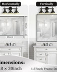Noir Series 48x30 black rectangular mirror with beveled edge, shown installed both vertically and horizontally.