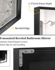 Detail shot of the Noir Series black metal frame bathroom mirror, highlighting its beveled edge design, 1.57-inch depth and polished edges for safe handling.