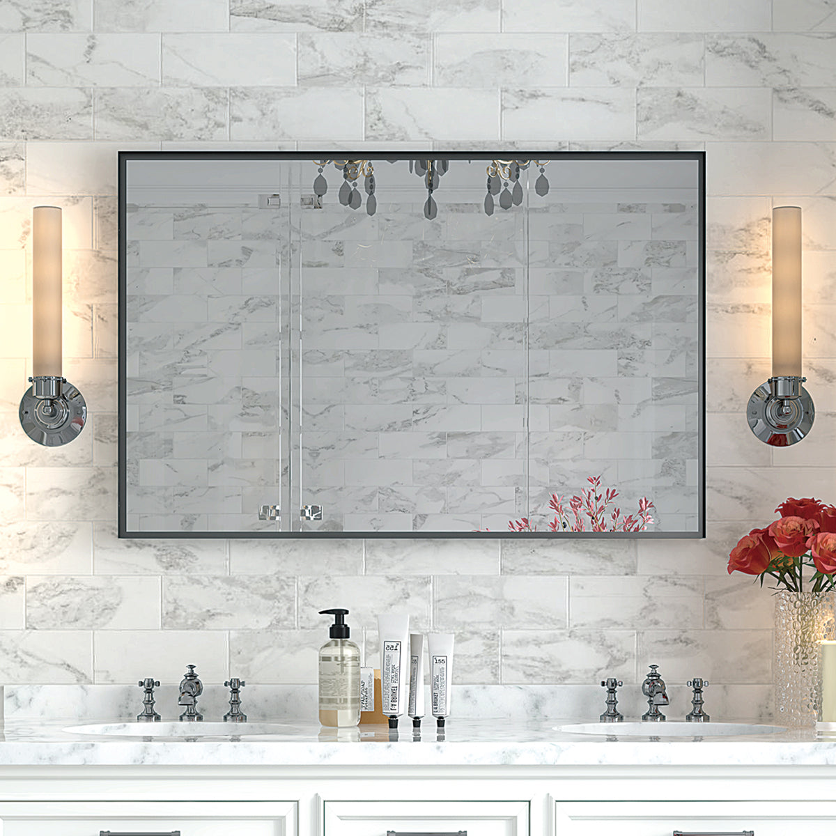 Glossy Black Rectangular Bathroom Mirror with Metal Frame color: Black