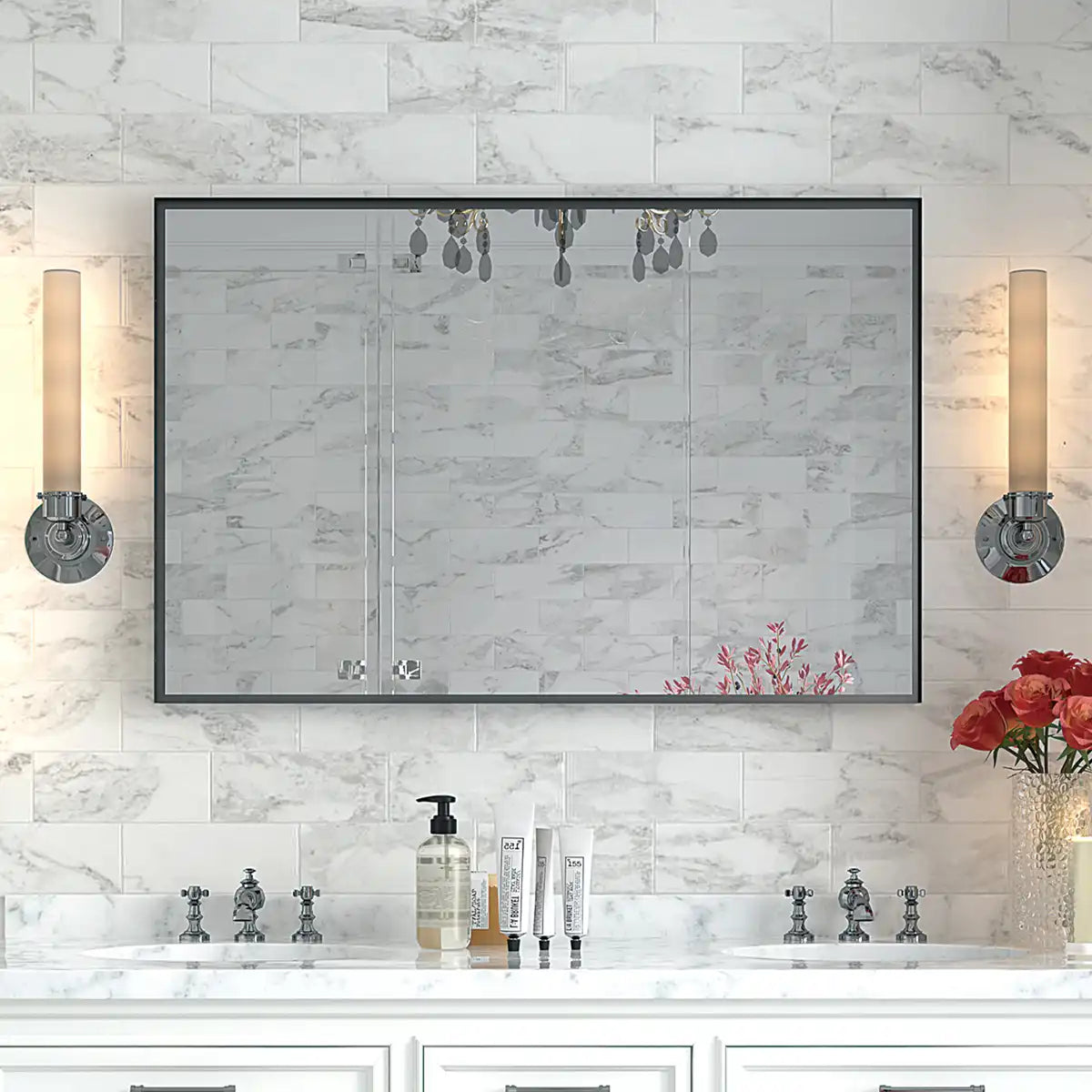 Glossy Black Rectangular Bathroom Mirror with Metal Frame color: Black