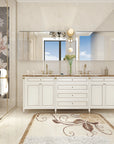 Lunare Series framed mirror in a luxury bathroom reflecting window with natural light, marble countertops, and elegant circular lighting.