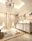 Lunare brushed silver rounded rectangle bathroom mirror mounted above a double vanity in an elegant modern bathroom.