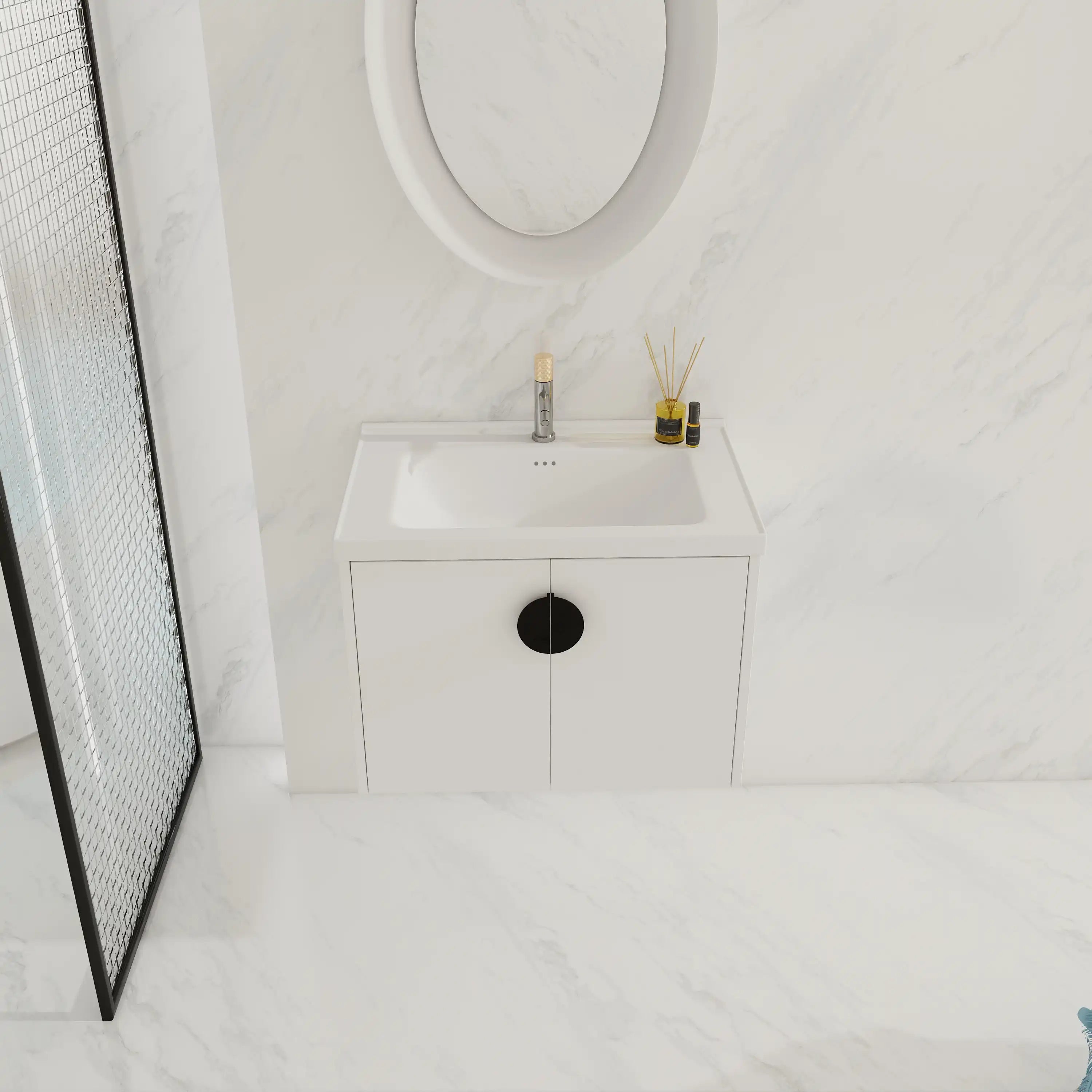 24” or 28” White Wall-Mounted Bathroom Vanity with Soft Close Doors & Ceramic Sink