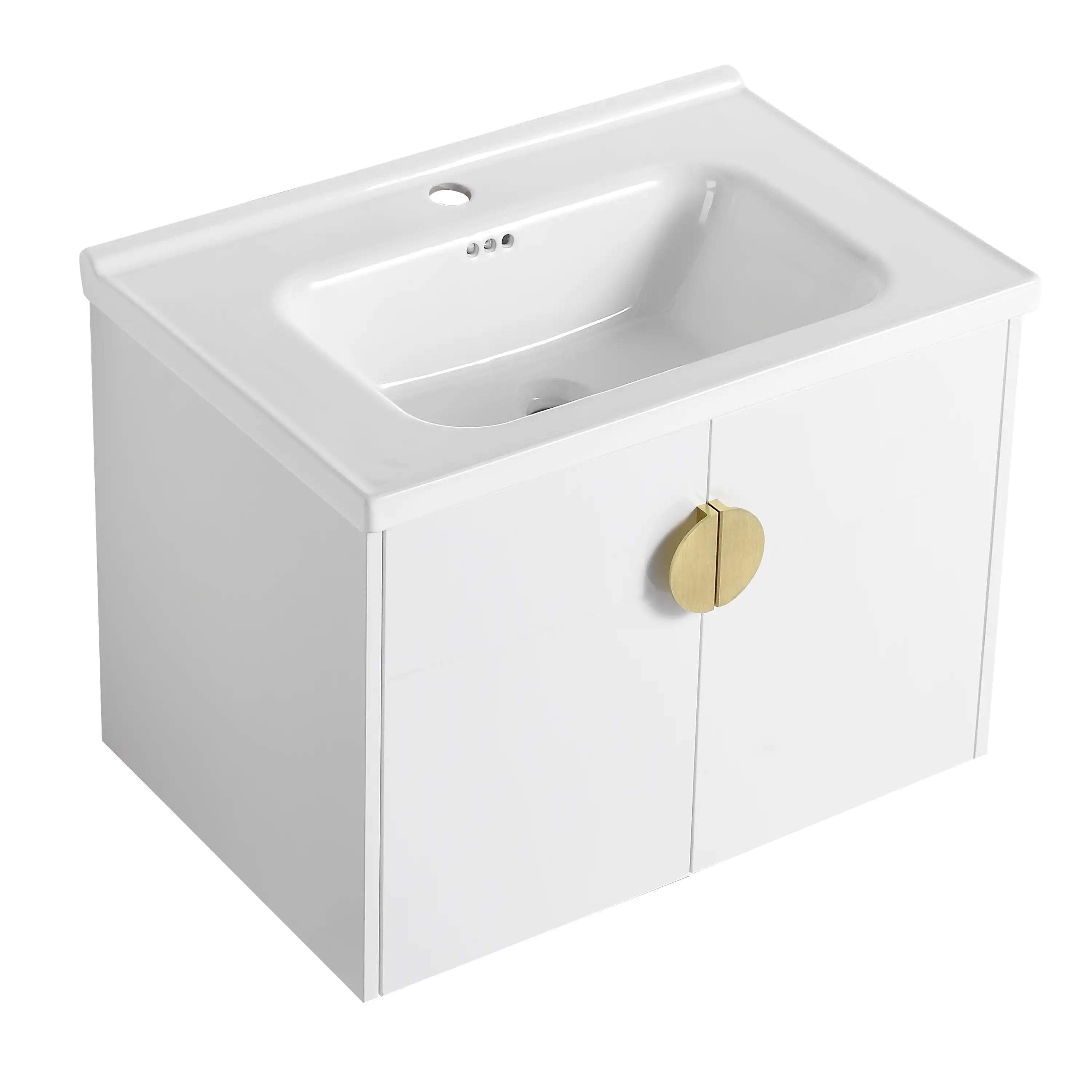 24” or 28” White Wall-Mounted Bathroom Vanity with Soft Close Doors & Ceramic Sink