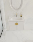 Top view of 28 inch small floating vanity with brass handle and ceramic sink | Ace Decor