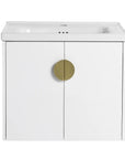 Front view of 24 inch white floating bathroom vanity with gold round handle | Ace Decor