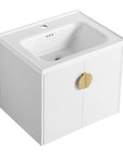 Angled view of 24 inch white floating bathroom vanity with gold round handle | Ace Decor