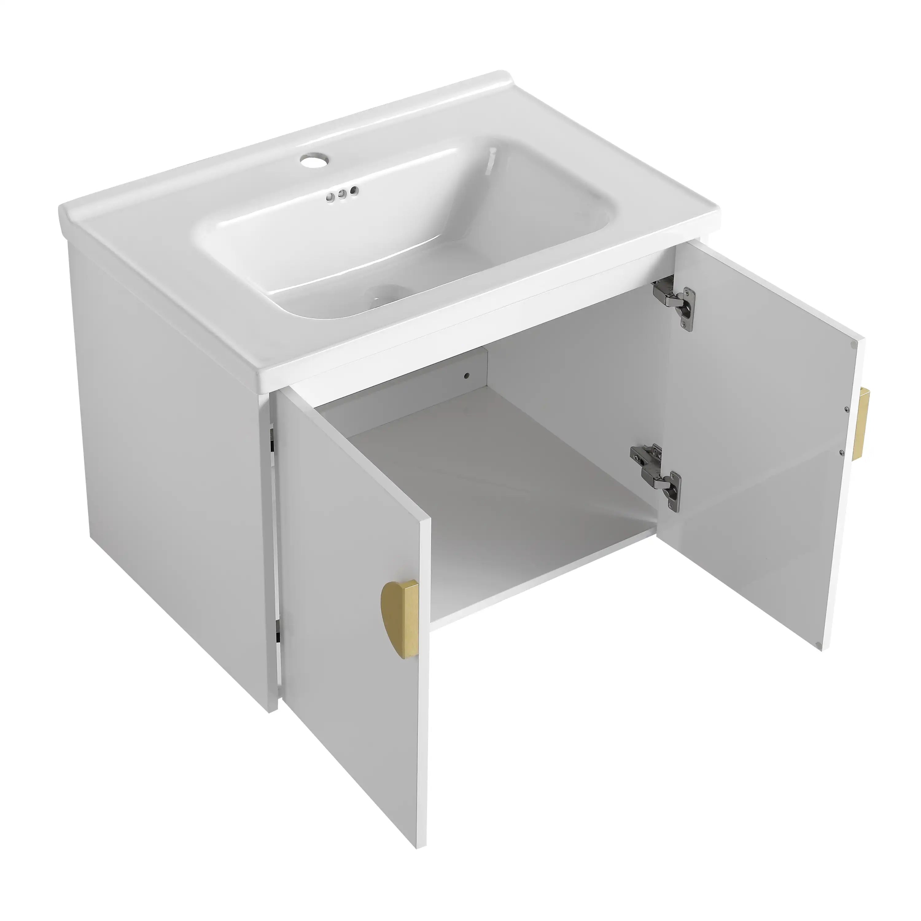 24” or 28” White Wall-Mounted Bathroom Vanity with Soft Close Doors & Ceramic Sink