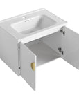 Civetta-Plain Series 24" White Floating Bathroom Vanity with Round Brass Handle & Integrated Sink