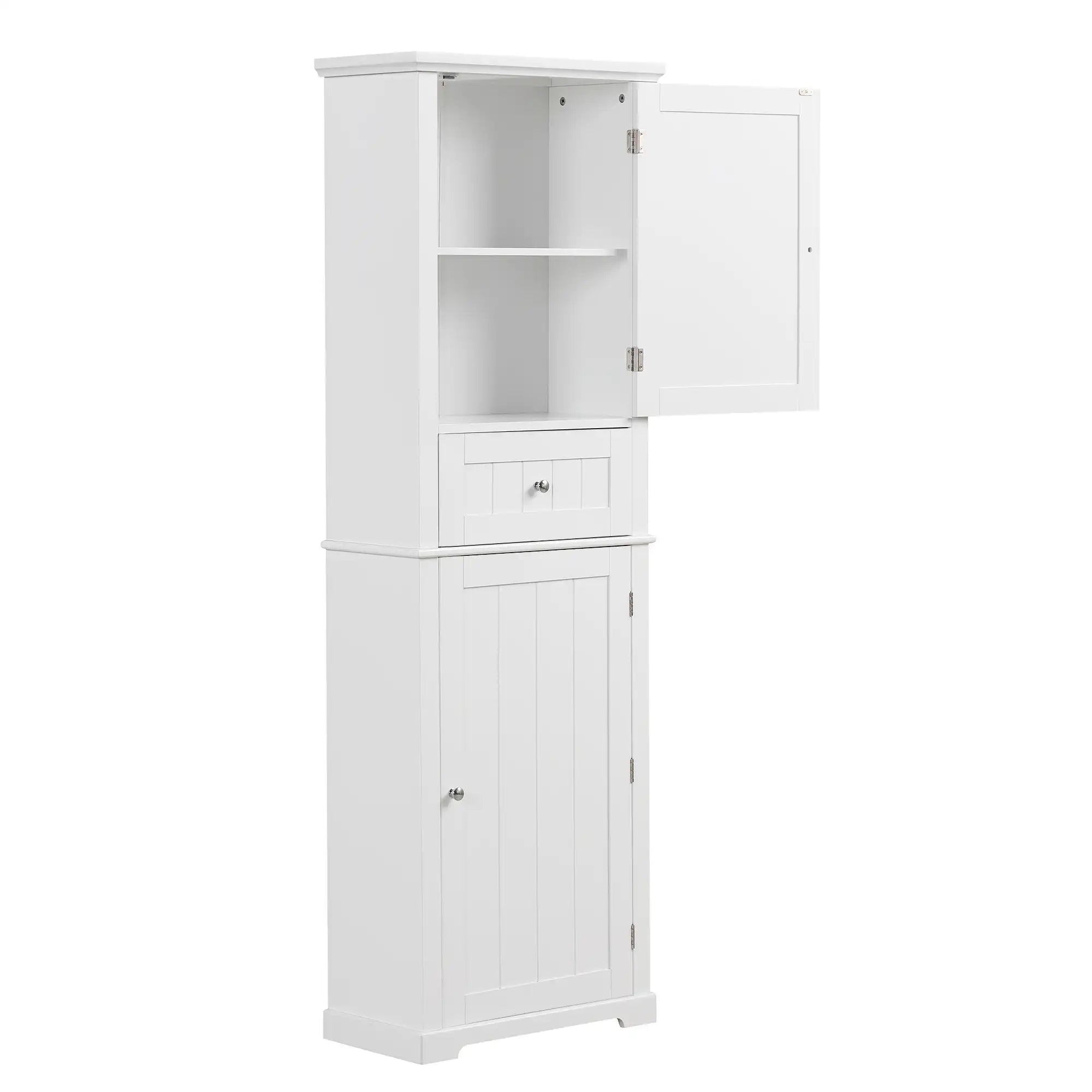 Norrin 67.3 inch white tall narrow bathroom storage cabinet with open door.