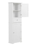 Norrin 67.3 inch white tall narrow bathroom storage cabinet with open door.
