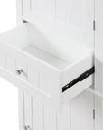 Close-up of shelves inside Norrin 67.3 inch white tall narrow bathroom storage cabinet.